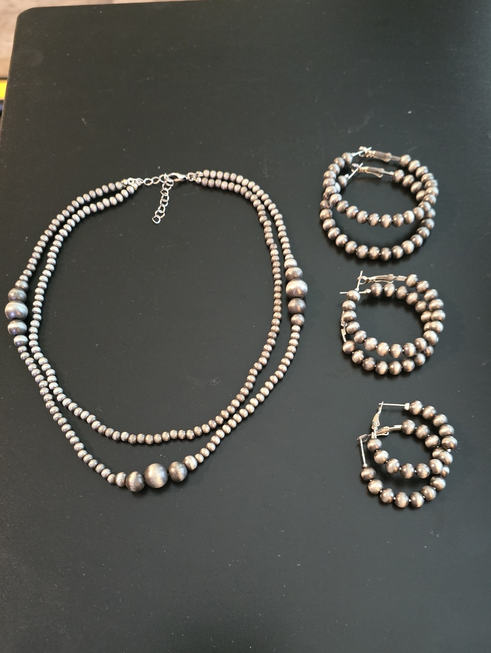 Double Strand Metallic Bead Necklace with Matching Hoop Earrings - Silver-Tone